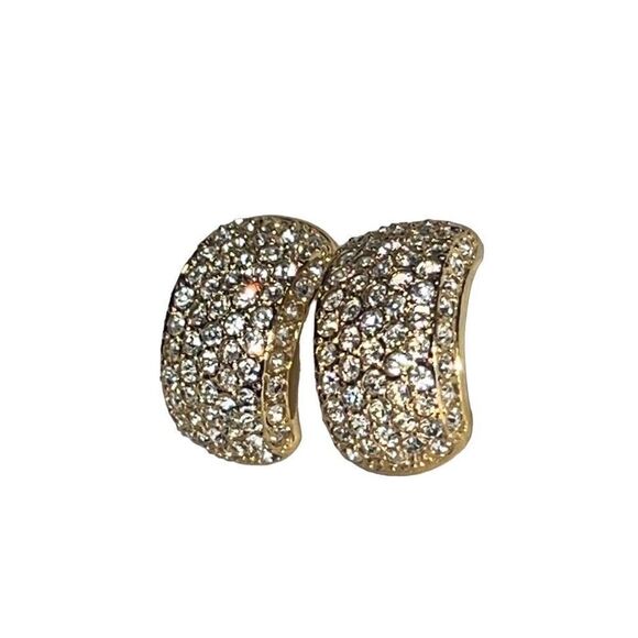 Vintage Roman Gold Plated Swarovski Paved Crystal Clip On Huggies Earrings - Picture 7 of 9